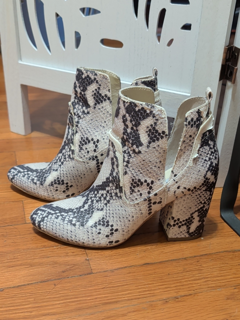 Steve Madden White and Black Snake-Print Pointed Toe Block Heel Booties